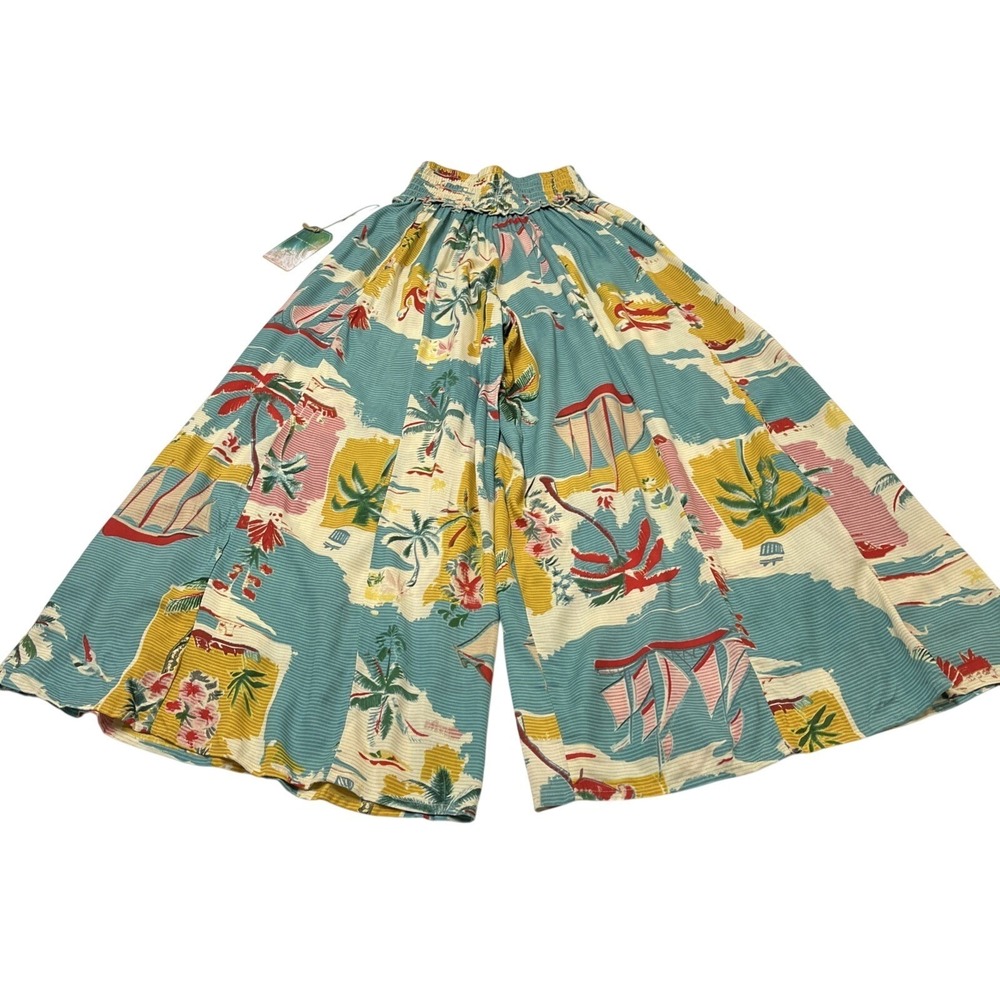 True Destination Pants Tropical Island Print Smocked Waist Wide Leg Size S Beach - Picture 2 of 16